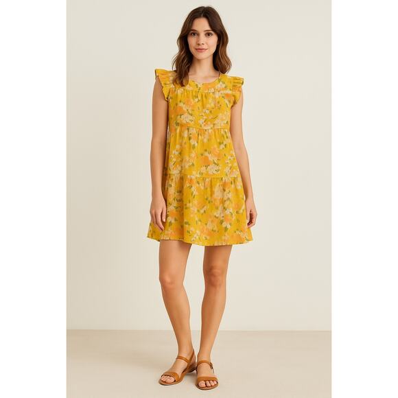 Stark X 100% Linen Yellow Floral Ruffle Sleeve Dress – Size Small - Picture 1 of 8